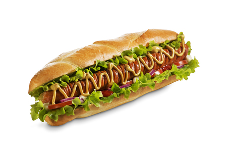Hot dog grill with mustard isolated on white background.の写真素材