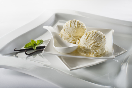 Fresh vanilla ice cream in a plate close up shootの写真素材