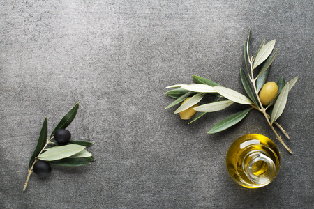 Olive oil and olive branch on gary backgroundの写真素材