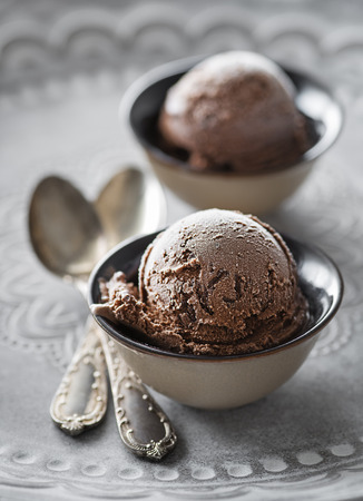 Homemade Organic chocolate Ice Cream scoop decorated with chocolateの写真素材