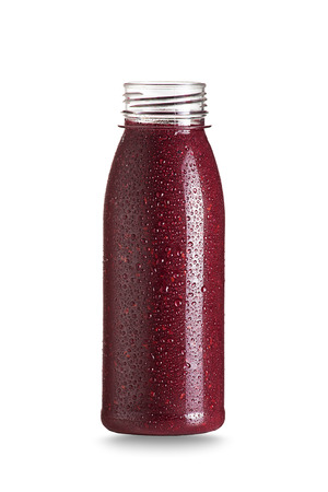 Bottle of red fruit health smoothie isolated on white. Raw, vegan, vegetarian, alkaline food concept.の写真素材