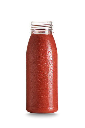 Bottle of red fruit health smoothie isolated on white. Raw, vegan, vegetarian, alkaline food concept.の写真素材
