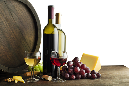 Bottle of red and white wine with food and barrel on whiteの写真素材