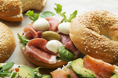 Bagel sandwich with prosciutto and mozzareela cheese. Healthy food.の写真素材
