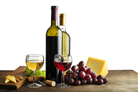Bottle of red and white wine with snack food on whiteの写真素材