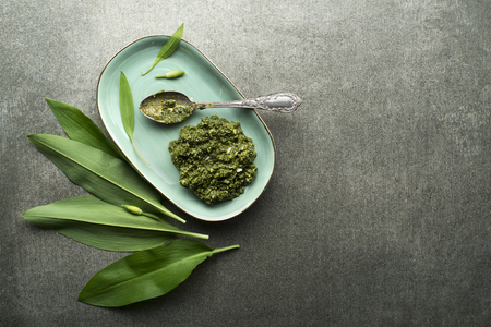 Fresh ramson or wild garlic ingredients for pesto. Healthy spring food conceptの写真素材