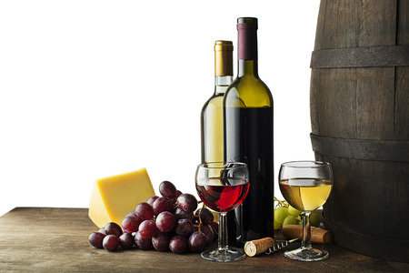 Bottle of red and white wine with snack food on white background.の写真素材