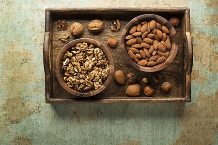 Assortment of mixed nuts. Hazelnuts, walnuts and almondsの写真素材