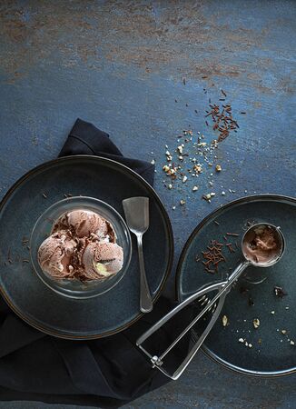 Homemade Organic chocolate  Ice Cream scoops in a plate close upの写真素材