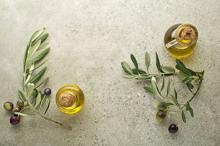 Healthy olive oil bottle with fresh olives ingredients close up. Healthy conceptの写真素材