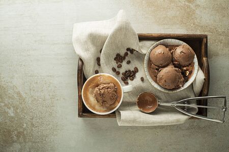 Served fresh Coffee with ice cream. Chocolate Ice Cream scoops decorated with chocolateの写真素材