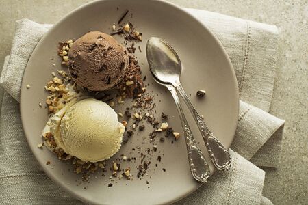 Homemade Organic chocolate and vanilla Ice Cream scoops in a plate close upの写真素材
