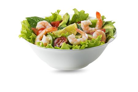 Healthy green salad with grilled shrimps and vegetables isolated on white background. Grilled prawns. Healthy food. Seafood.の写真素材