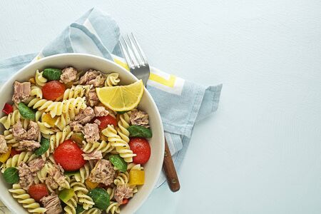 Pasta salad with tuna fish and vegetables.の写真素材