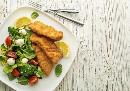 Crispy chicken steaks with green salad and tomato. Fried chicken meal with vegetablesの写真素材
