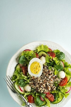 Healthy Green salad meal with egg, fresh vegetables and quinoa seeds on blue table backgroundの写真素材