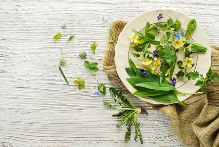 Healthy spring food ingredients. Dandelion, wild garlic, flowers and nettle leaves on wooden