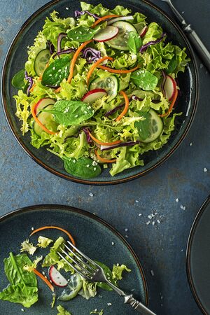 Green lettuce salad meal with fresh mixed vegetables on blue table backgroundの写真素材