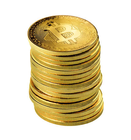 Golden Bitcoin pile isolated on white. Cryptocurrency golden coins bitcoin symbolの写真素材