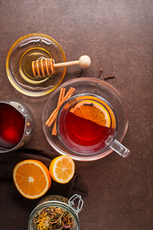 Tea cup with fruit, herbal and other spices. Healthy Tea Ingredientsの写真素材