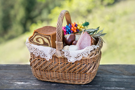 Easter traditional food with ham, eggs and bread in basket. Holidays background outdoor. Easter basket filled with all sorts of delicious delicatessen ready for Easter meal.の写真素材