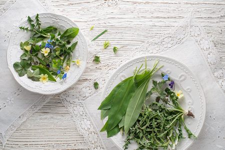 Healthy spring plants food ingredients. Dandelion, wild garlic, flowers and nettle on plateの写真素材