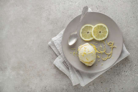 Lemon ice cream on a plate close up shoot