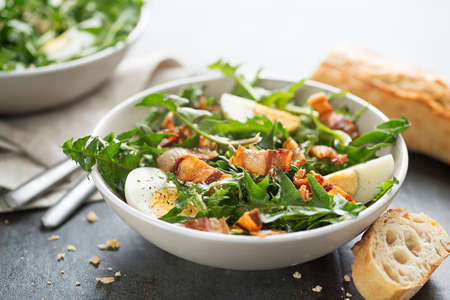 Dandelion salad with eggs and bacon close upの写真素材