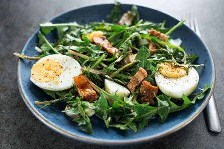 Dandelion salad with eggs and roasted bacon close upの写真素材