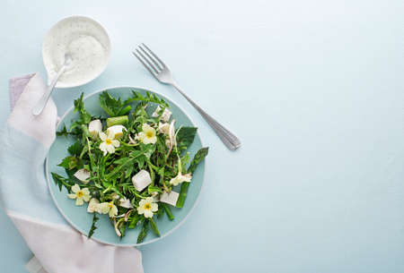 Spring salad with dandelion, asparagus, flowers, nettle and cream cheese. Healthy spring detox food ingredients.の写真素材