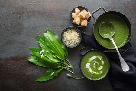 Fresh cream wild garlic soup on grey background overhead shoot