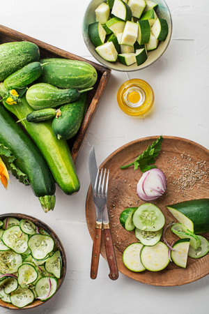Slicing fresh vegetable crops. Preparing healthy meal with zucchini and cucumber. Ripe zucchini and cucumber on white table backgroundの写真素材