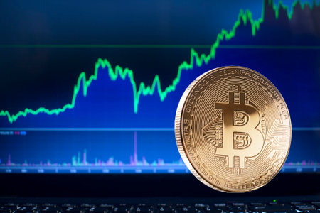 Bitcoin and cryptocurrency investing concept. Bitcoin cryptocurrency coins. Trading on the cryptocurrency exchange. Trends in bitcoin exchange rates. Rise chart of bitcoin and alt coins.の写真素材