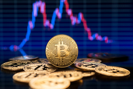 Bitcoin and cryptocurrency investing concept with graph. Bitcoin cryptocurrency coins. Trading on the cryptocurrency exchange. Trends in bitcoin exchange rates. Rise and fall chart of bitcoin.の写真素材
