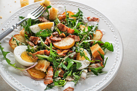 Dandelion salad with egg bacon potato and croutons close upの写真素材