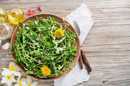 Fresh dandelion salad with dressing. Healthy spring food conceptの写真素材