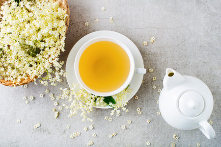 Elder flower tea. Homemade tea of elderflower, garnished with blossom elderflowerの写真素材