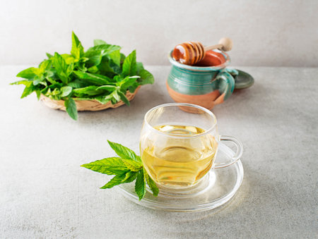 Fresh mint tea with green leaves of mint, lemon balm, peppermint. Mint tea with fresh mint leaves and honeyの写真素材