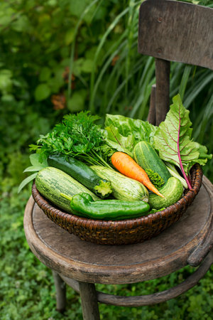 Harvest of fresh vegetables in a basket in the garden. Garden produce and harvested vegetable. Fresh farm vegetables in basketの写真素材