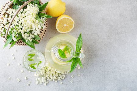 Refreshing summer drink with flowers elderberry lemon and mint leaves. Flower of the elder used to make cordial, elder flower lemonade with mintの写真素材