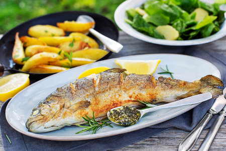 Roasted traditional river trout with salad, potatoes and (garlic, parsley) sauce, outside in the gardenの写真素材