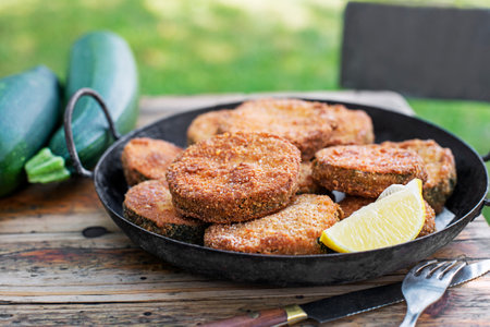 Breaded fried slices of zucchini with herbs, freshly picked from home gardenの写真素材