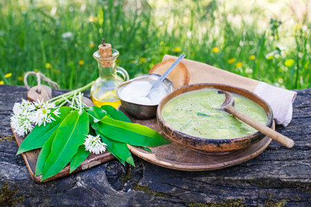 Healthy creamy soup with fresh ramson or wild garlic leaves in nature background. Healthy spring food conceptの写真素材