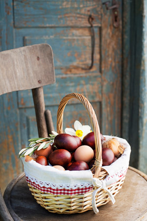 Easter traditional food with eggs in basket. Holidays backgroundの写真素材