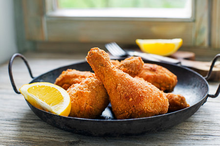 Crispy, golden-brown fried chicken drumstickの写真素材