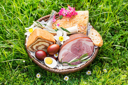 Easter traditional food with ham, eggs and bread in basket. Holidays background outdoor. Easter basket filled with all sorts of delicious delicatessen ready for an Easter meal.の写真素材