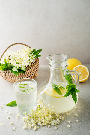 Refreshing summer drink with flowers elderberry lemon and mint leaves. Flower of the elder used to make cordial, elder flower lemonade with mintの写真素材