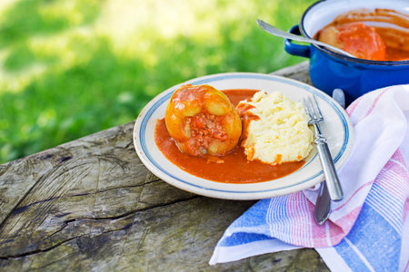 Stuffed peppers with ground meat and rice in tomato sauce with mashed potatoes. European traditional dish cuisineの写真素材