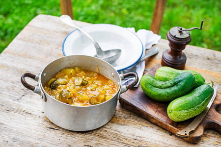 Eating Slovenian traditional dish with cucumber sauce in red. Freshly picked cucumbers from the garden. Summer foodの写真素材
