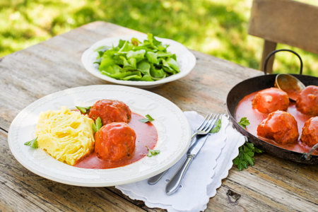 Fried meatballs braised in tomato sauce served with mashed potatoes in the garden. Eating Beef roasted meatballs in tomato sauce.の写真素材